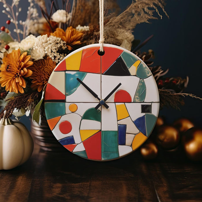 a colorful clock sitting on top of a wooden table