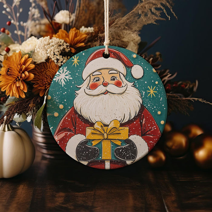 a christmas ornament with a santa clause holding a present