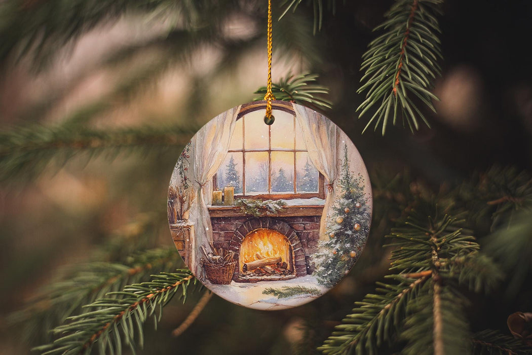 a glass ornament hanging from a christmas tree