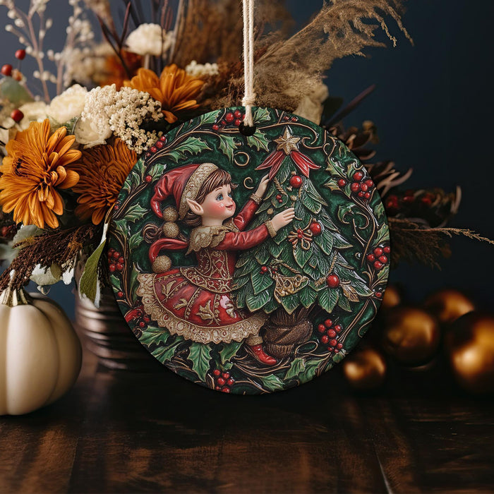 a christmas ornament sitting on top of a wooden table