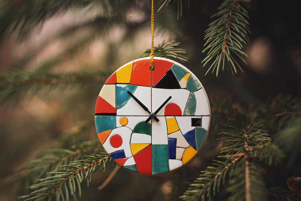 a colorful clock hanging from a christmas tree