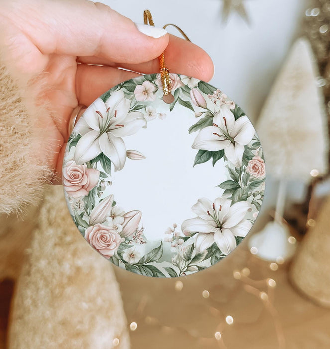 Winter Floral Garland Ceramic Ornament, Circular Design, Watercolor Art, Handmade Christmas Decor, Unique Gift