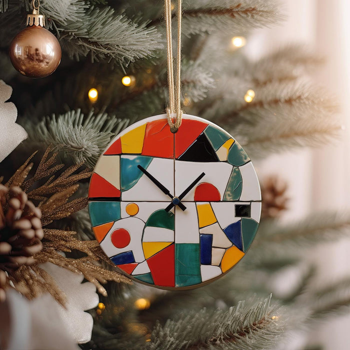 a colorful clock hanging from a christmas tree