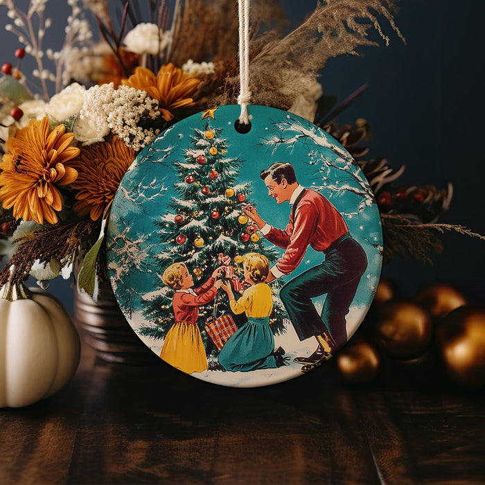 a christmas ornament with a picture of a man decorating a christmas tree