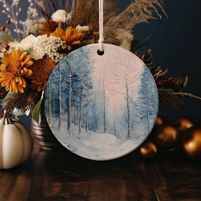 a ceramic ornament with a winter scene on it