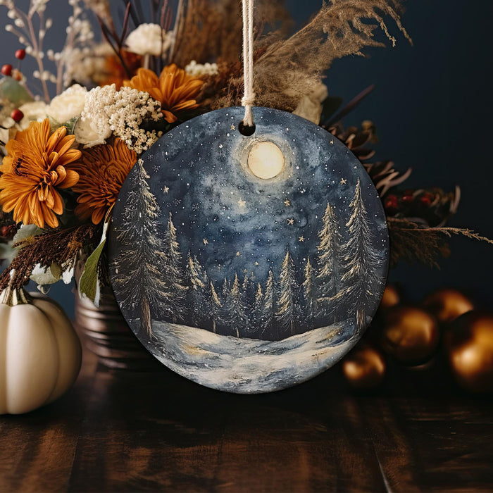 a ceramic ornament with a night sky and trees on it