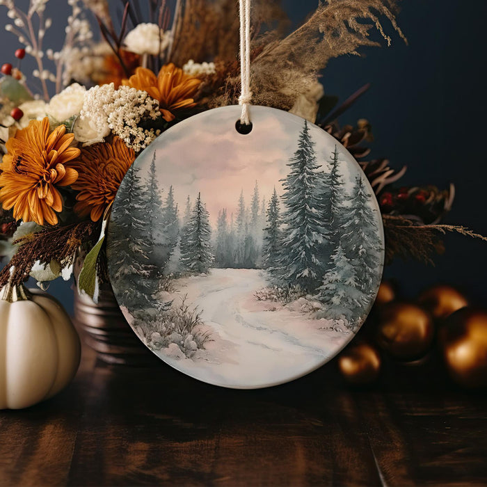 a christmas ornament with a winter scene on it