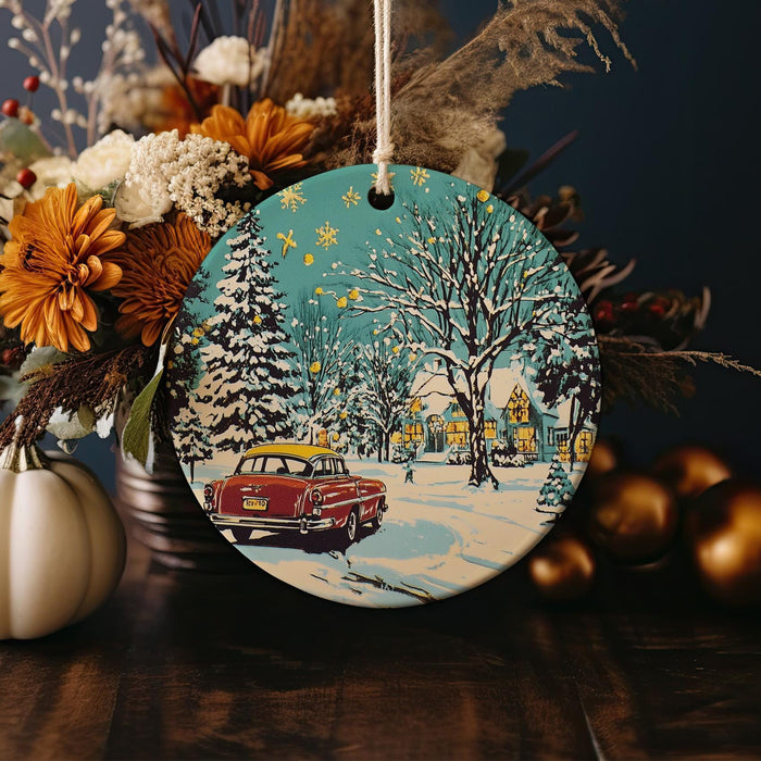 a christmas ornament with a red car in the snow