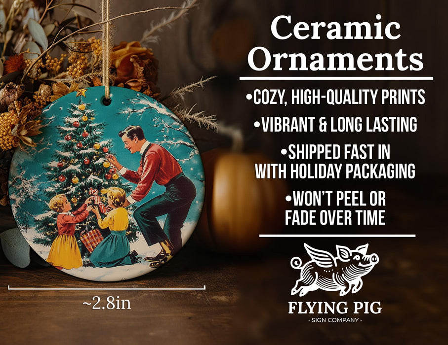 a ceramic ornament with a picture of a man and woman decorating a