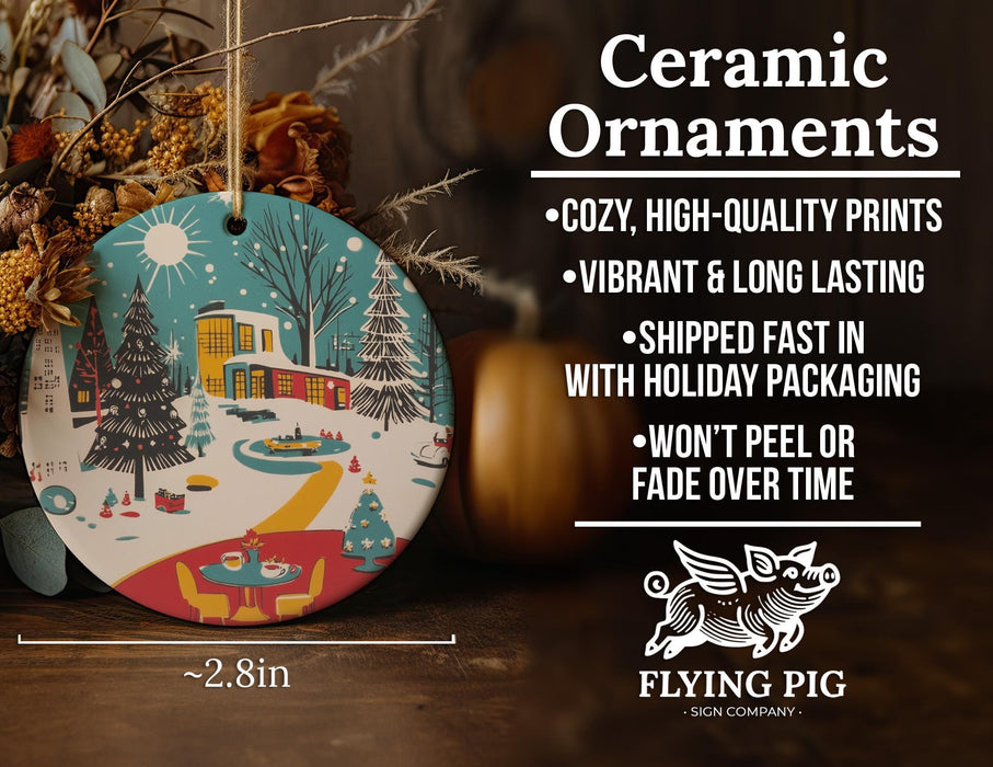 a ceramic ornament with a winter scene on it