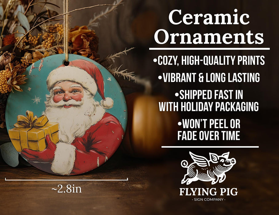 a ceramic ornament with a santa clause holding a present