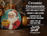 a ceramic ornament with a santa clause holding a present