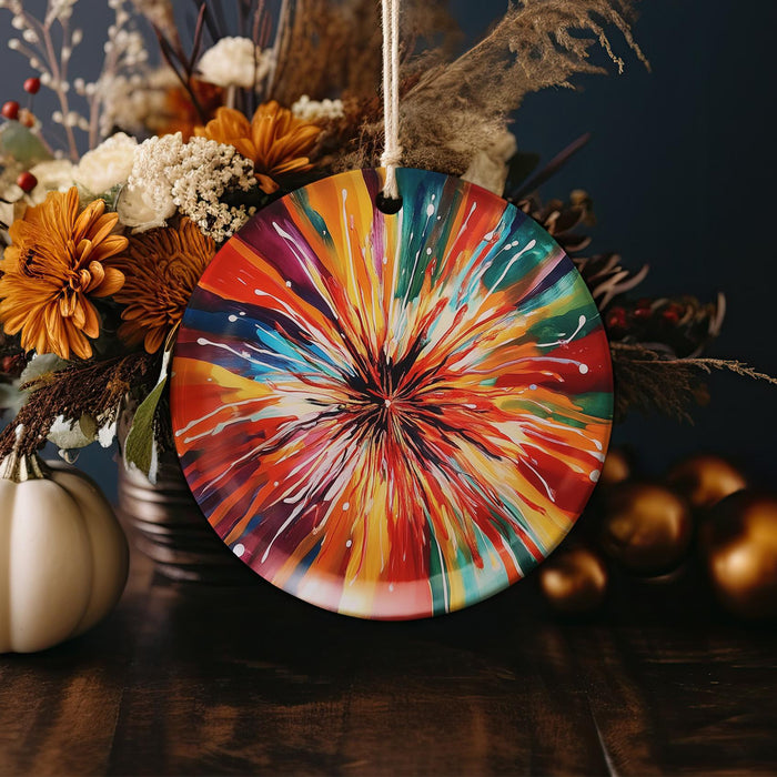 a colorful plate sitting on top of a wooden table