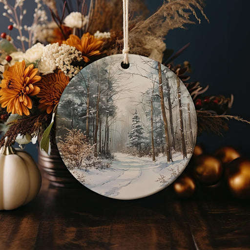 a christmas ornament with a picture of a snowy forest
