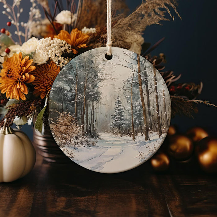 a christmas ornament with a picture of a snowy forest