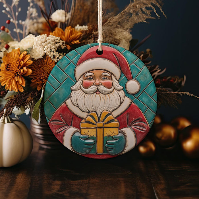 a christmas ornament with a santa clause holding a gift