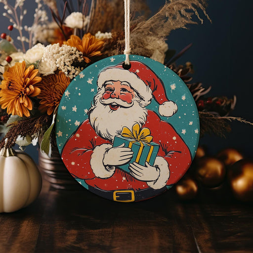 a christmas ornament with a santa clause holding a gift