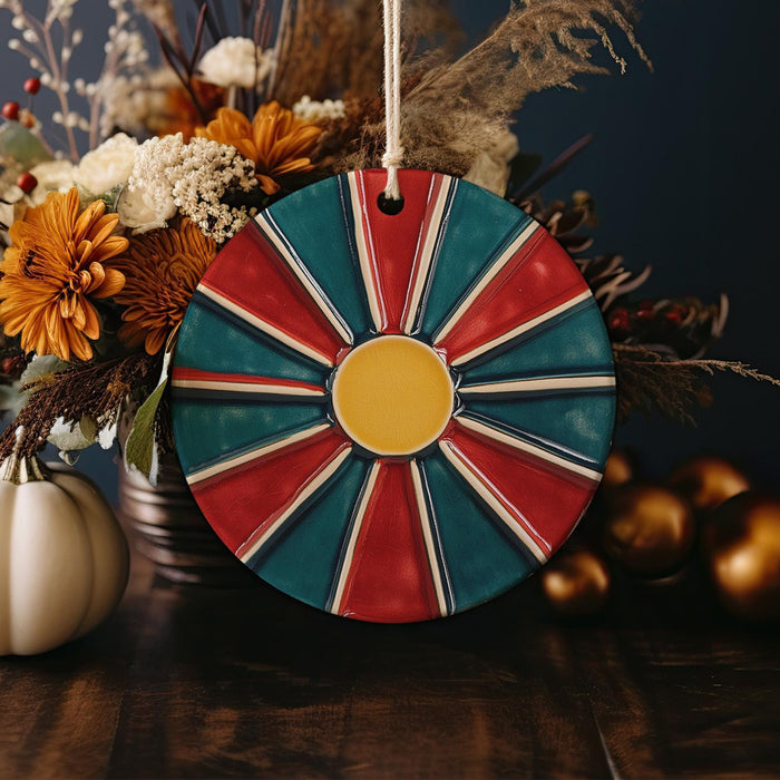 a colorful plate with a red, white, and blue design