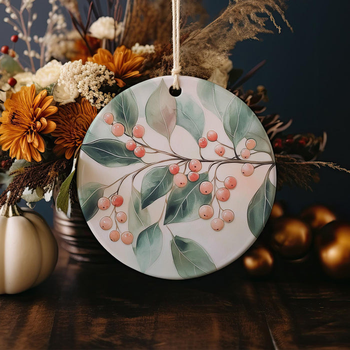 a ceramic ornament decorated with leaves and berries