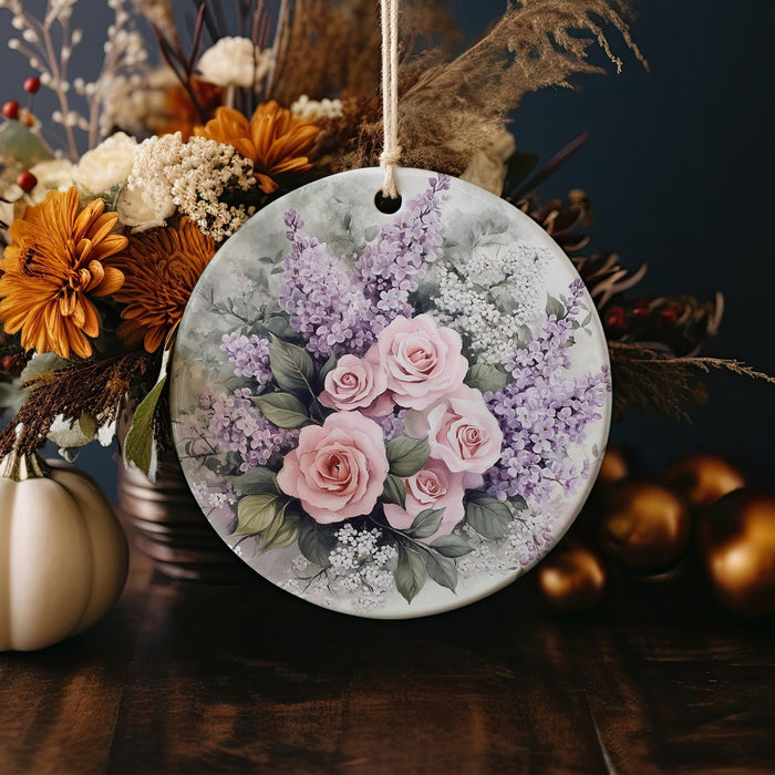 a ceramic ornament with a bouquet of flowers on it