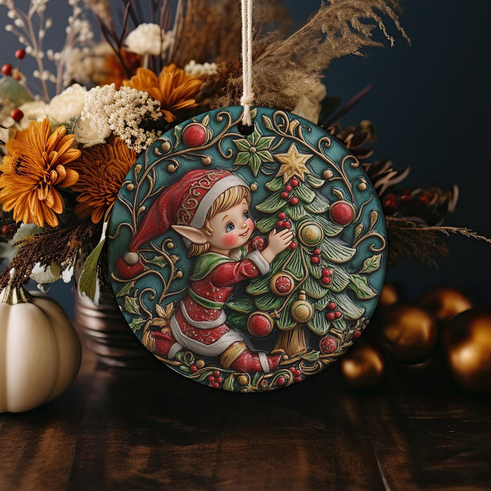 a christmas ornament with a little elf on it