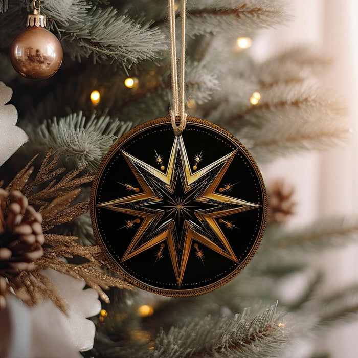 a star ornament hanging from a christmas tree