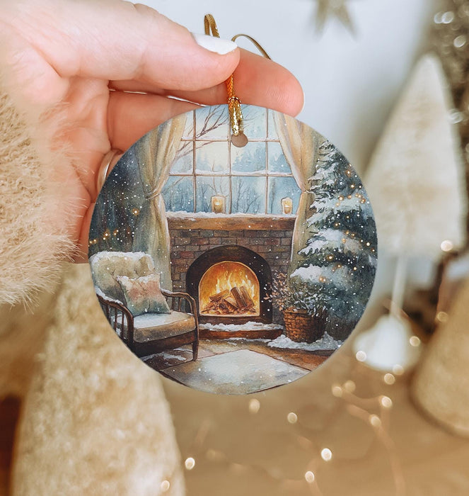 a hand holding a christmas ornament with a fireplace