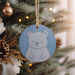 a blue ornament hanging from a christmas tree