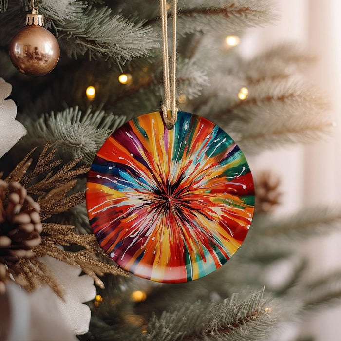 a colorful ornament hanging from a christmas tree