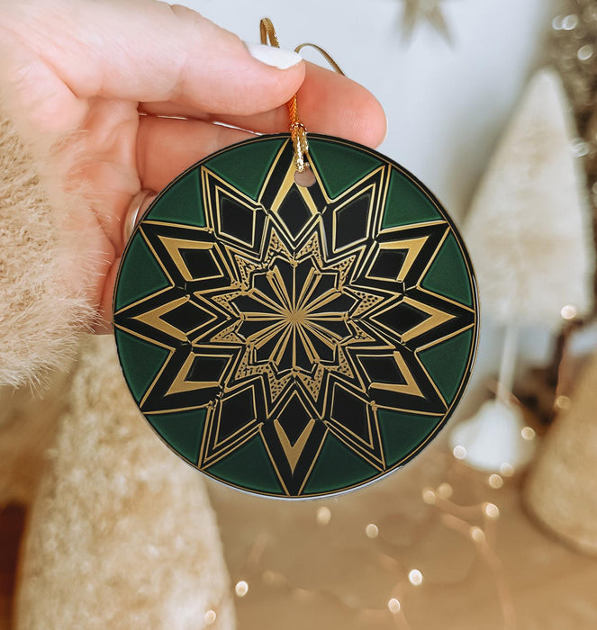 a person holding a christmas ornament in their hand