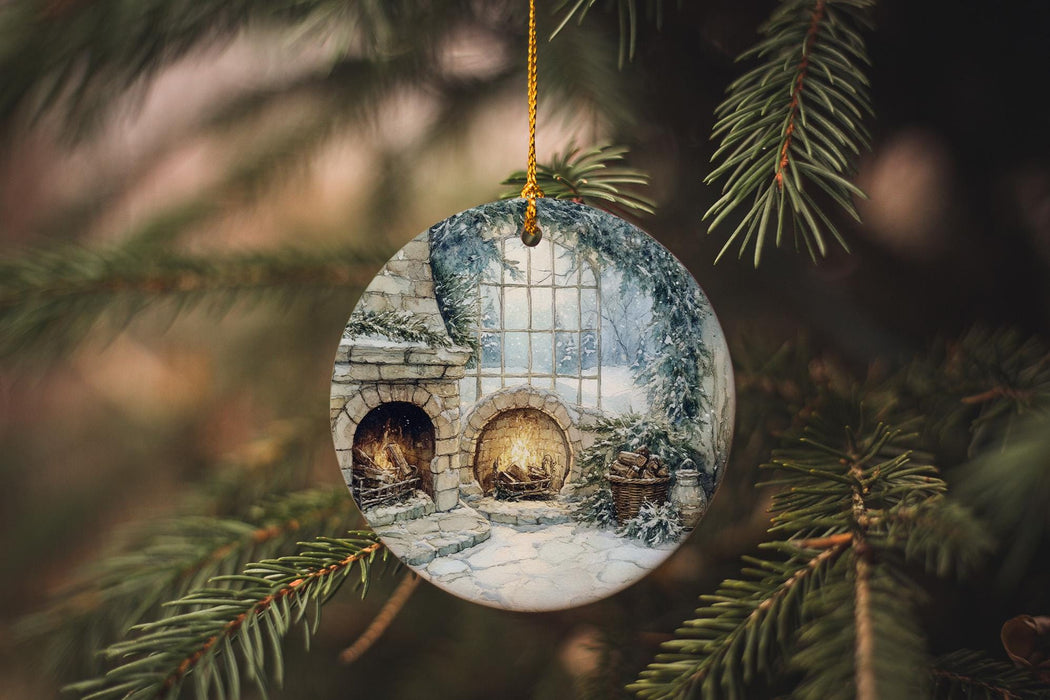 a glass ornament hanging from a christmas tree