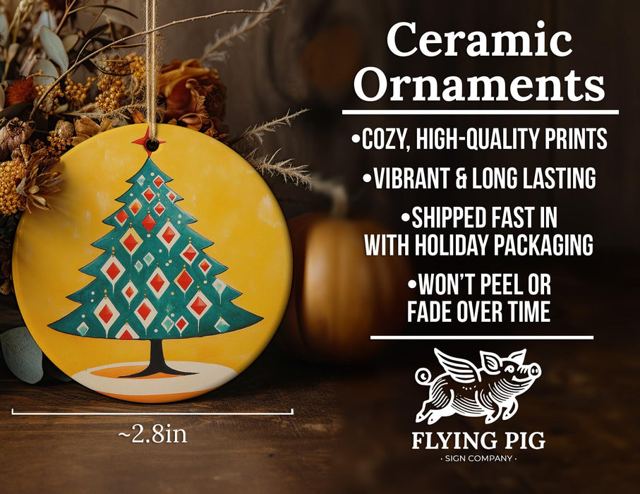 a ceramic ornament with a christmas tree on it