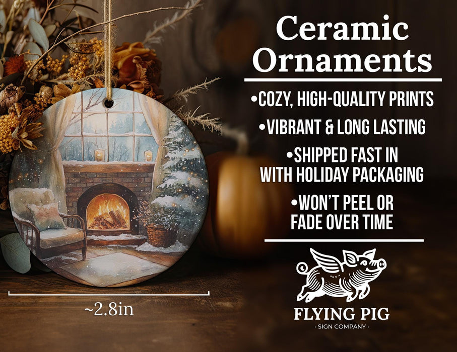 a ceramic ornament with a fireplace in the background