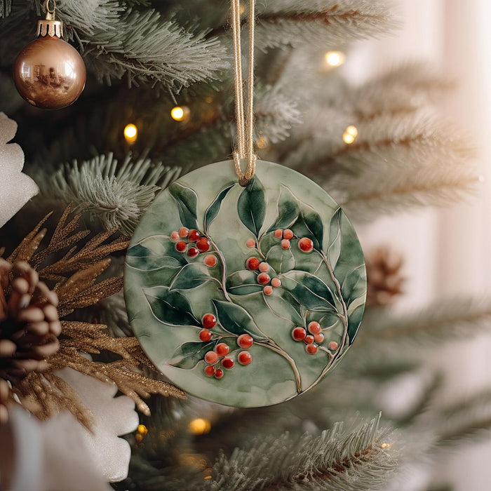 a ceramic ornament hanging from a christmas tree