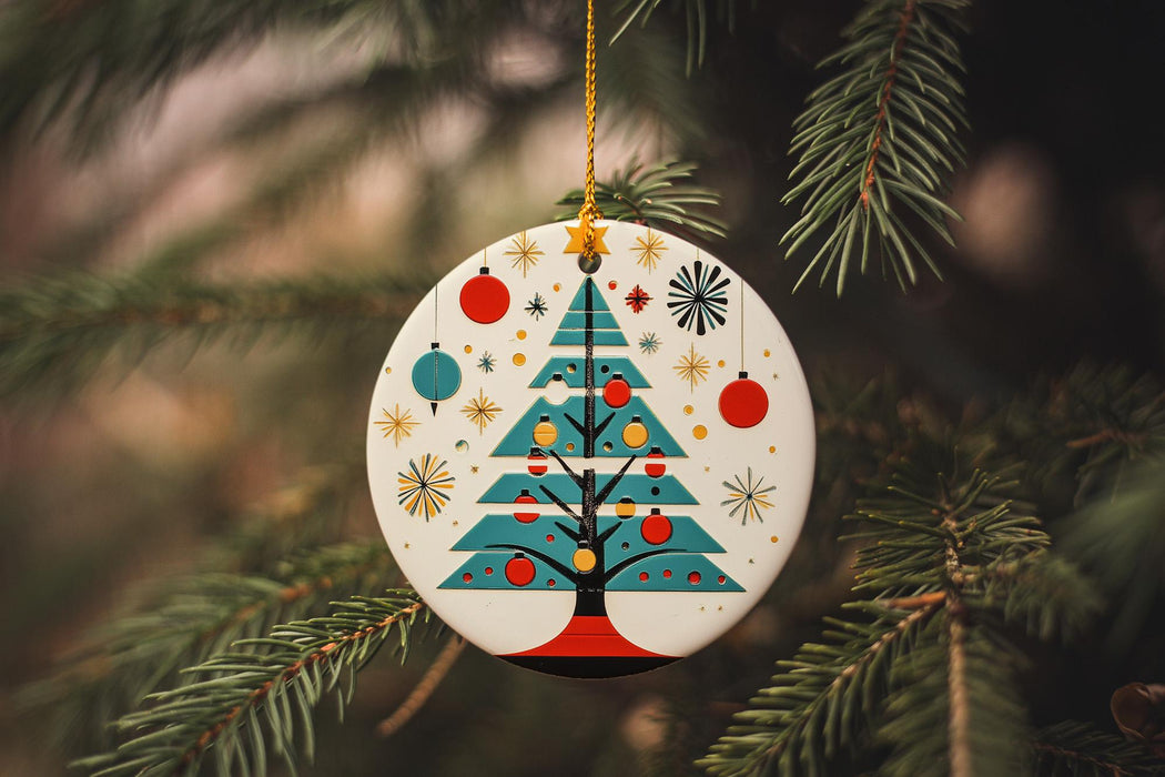 a christmas ornament hanging from a tree
