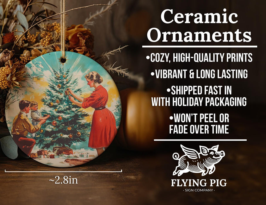 a ceramic ornament with a woman decorating a christmas tree