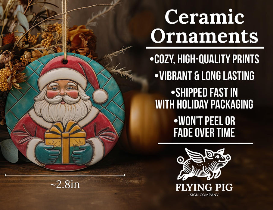 a ceramic ornament with a santa clause holding a present