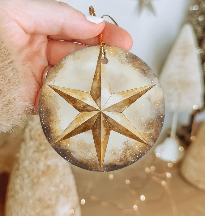 a person holding a christmas ornament in their hand