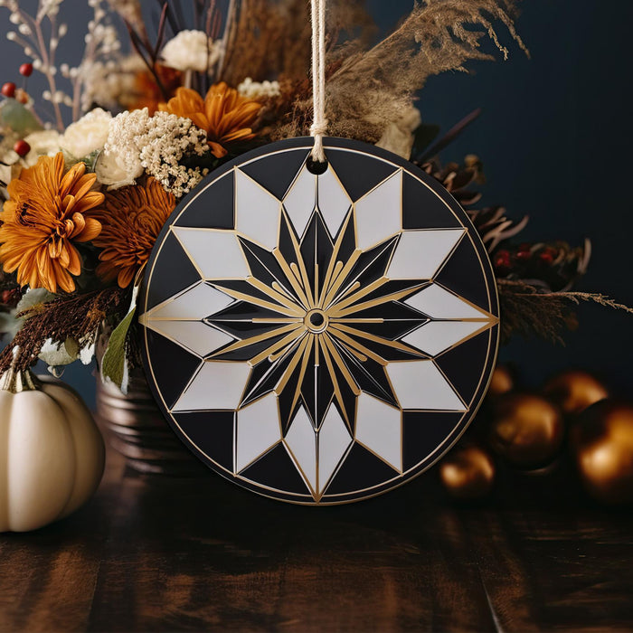 a black and white ornament sitting on top of a wooden table