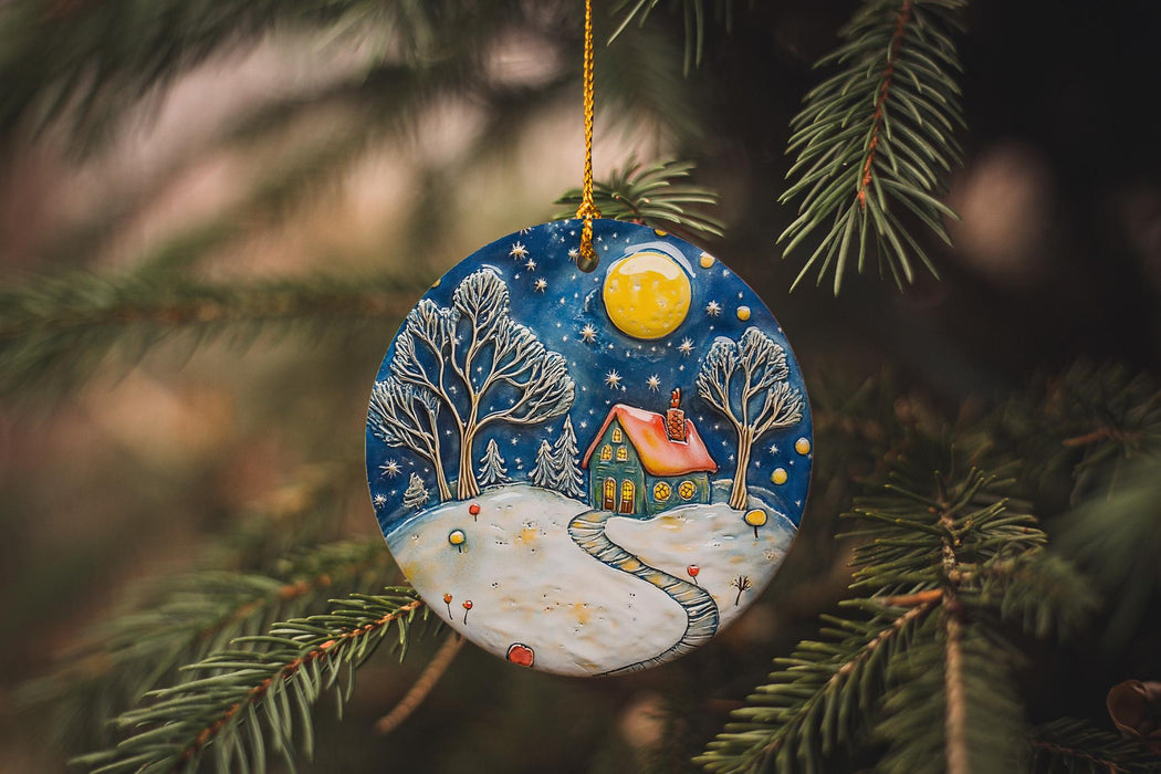 a ceramic ornament hanging from a christmas tree