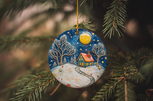 a ceramic ornament hanging from a christmas tree