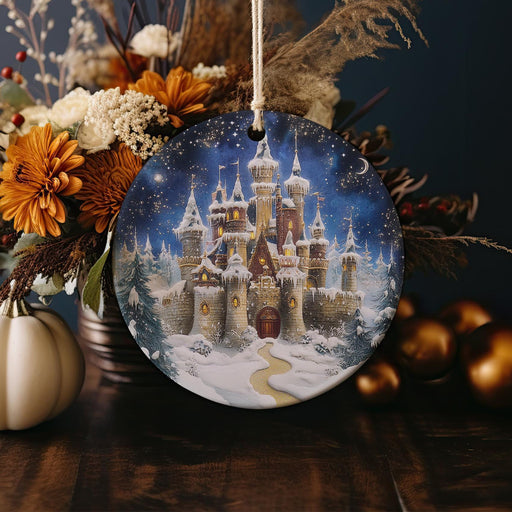 a christmas ornament with a castle on it