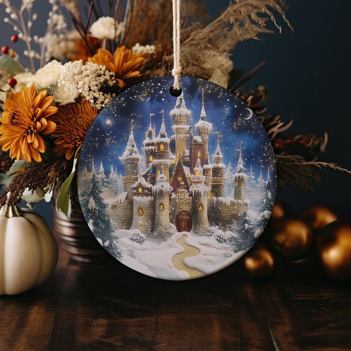 a christmas ornament with a castle on it