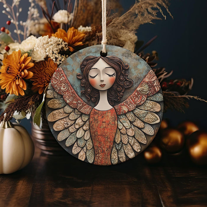 a ceramic angel ornament sitting on top of a table