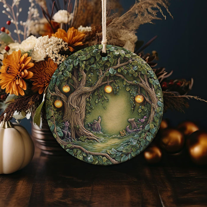 a plate with a picture of a tree surrounded by pumpkins and flowers