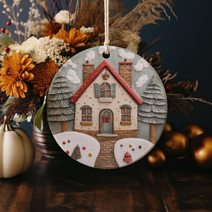 a ceramic ornament with a house on it