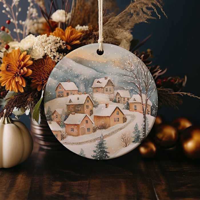 a ceramic ornament with a winter scene on it
