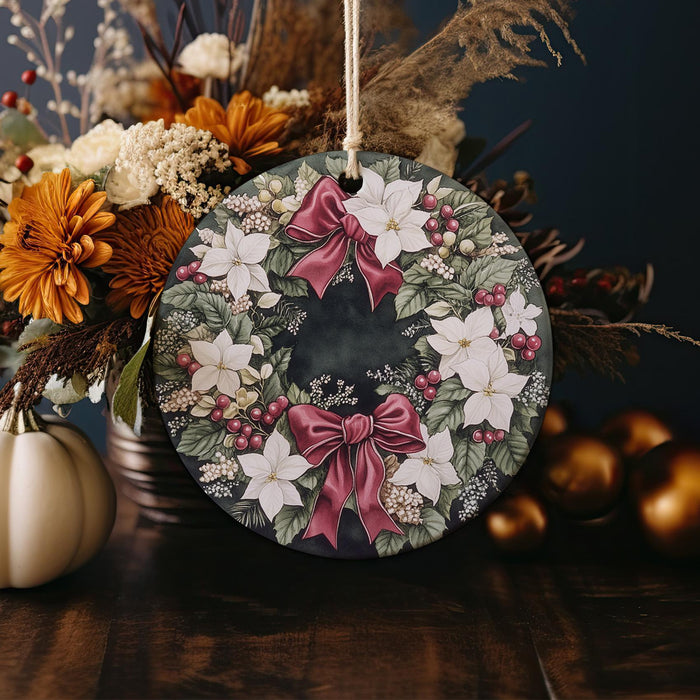 a christmas ornament decorated with flowers and a bow