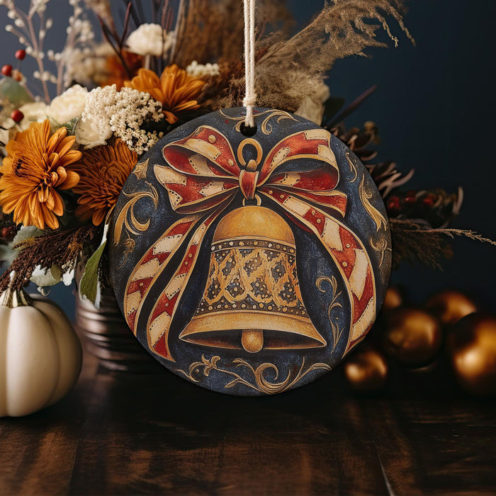 a christmas ornament with a bell on it