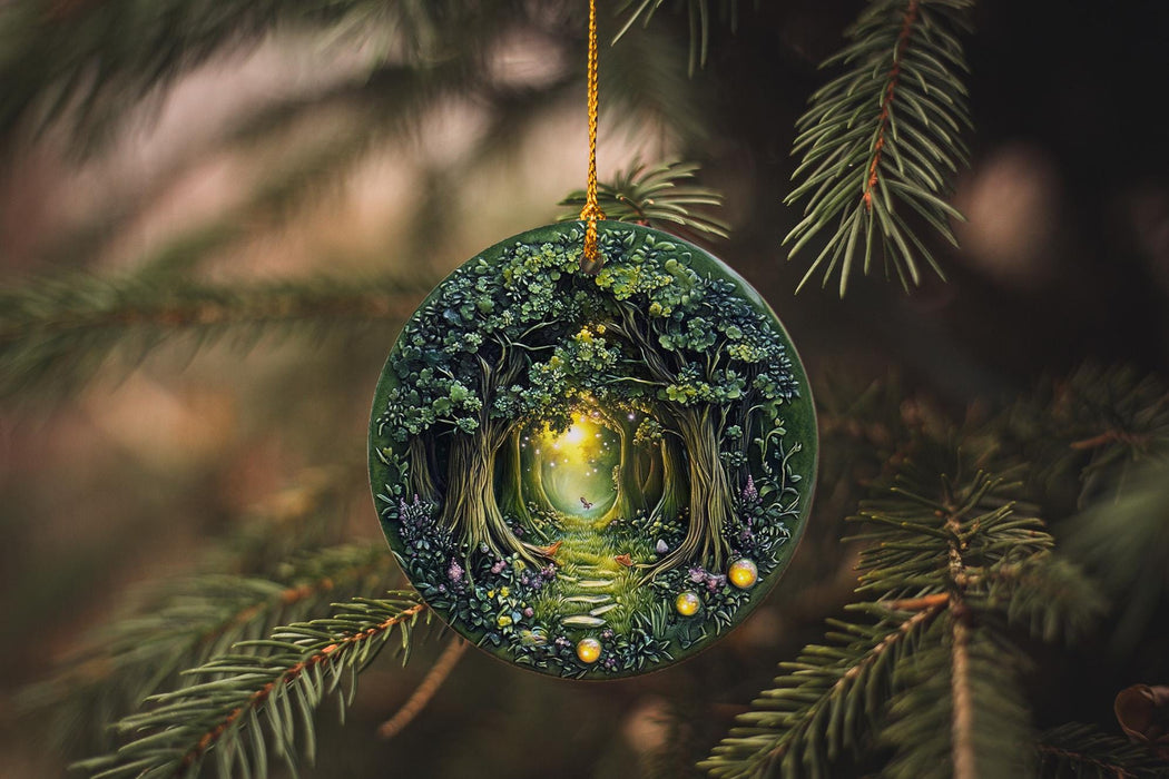 a christmas ornament hanging from a christmas tree